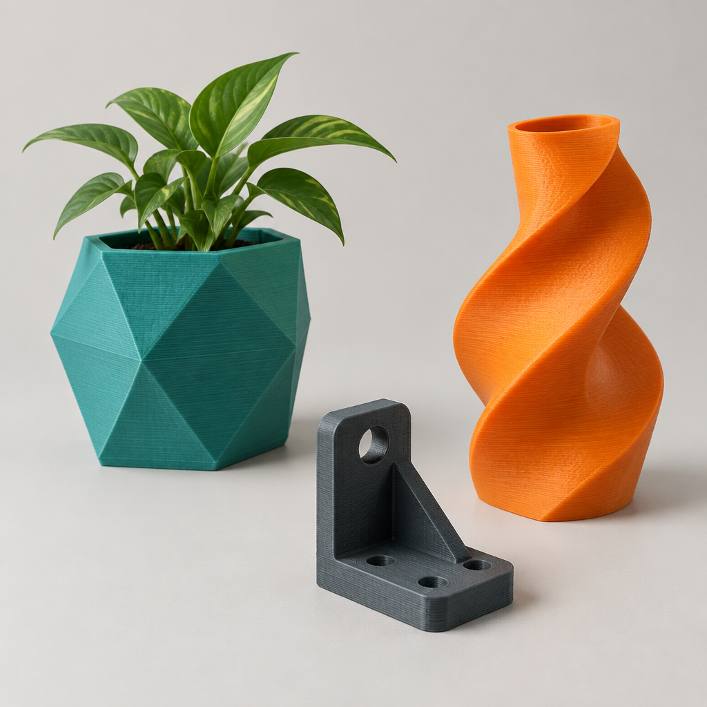 AI-generated illustrative examples of 3D printed objects, not actual merchant products