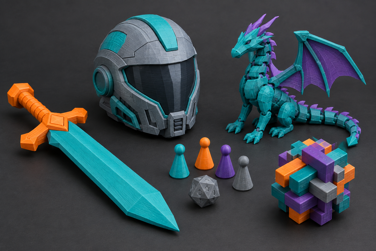 AI-generated illustrative 3D printing examples; not actual merchant products or inventory